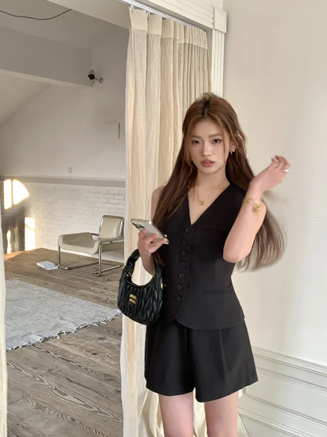 Black V neck Top Suit Women's Vest Shorts Casual Suit Black - Shop at LoveMi