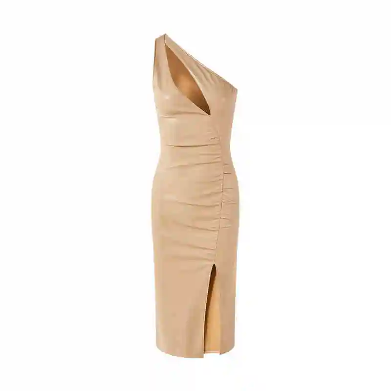One Shoulder Irregular Pleated Side Slit Leather Skirt Dress