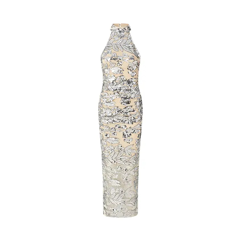 Sequined Bling Mesh Halter Maxi Dress