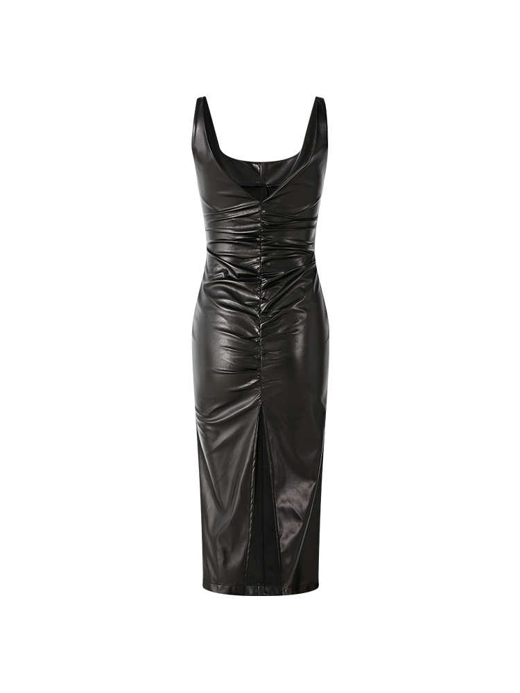 Reverse Fold Split Sling Dress PU Leather Dress