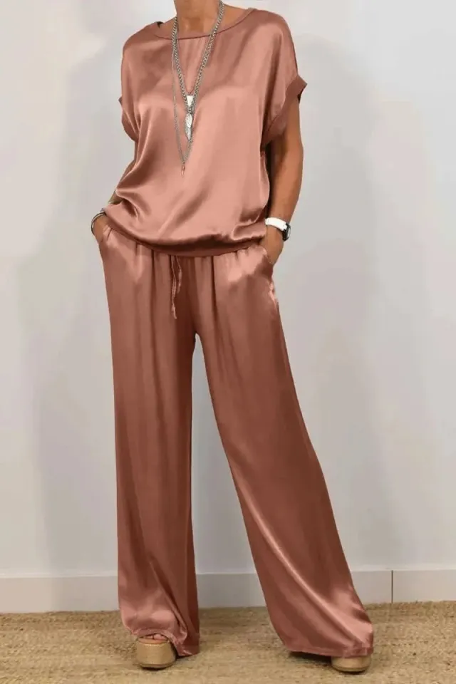 Trendy Loose Shirt Wide Leg Pants Casual Suit Women Chocolate L - Shop at LoveMi
