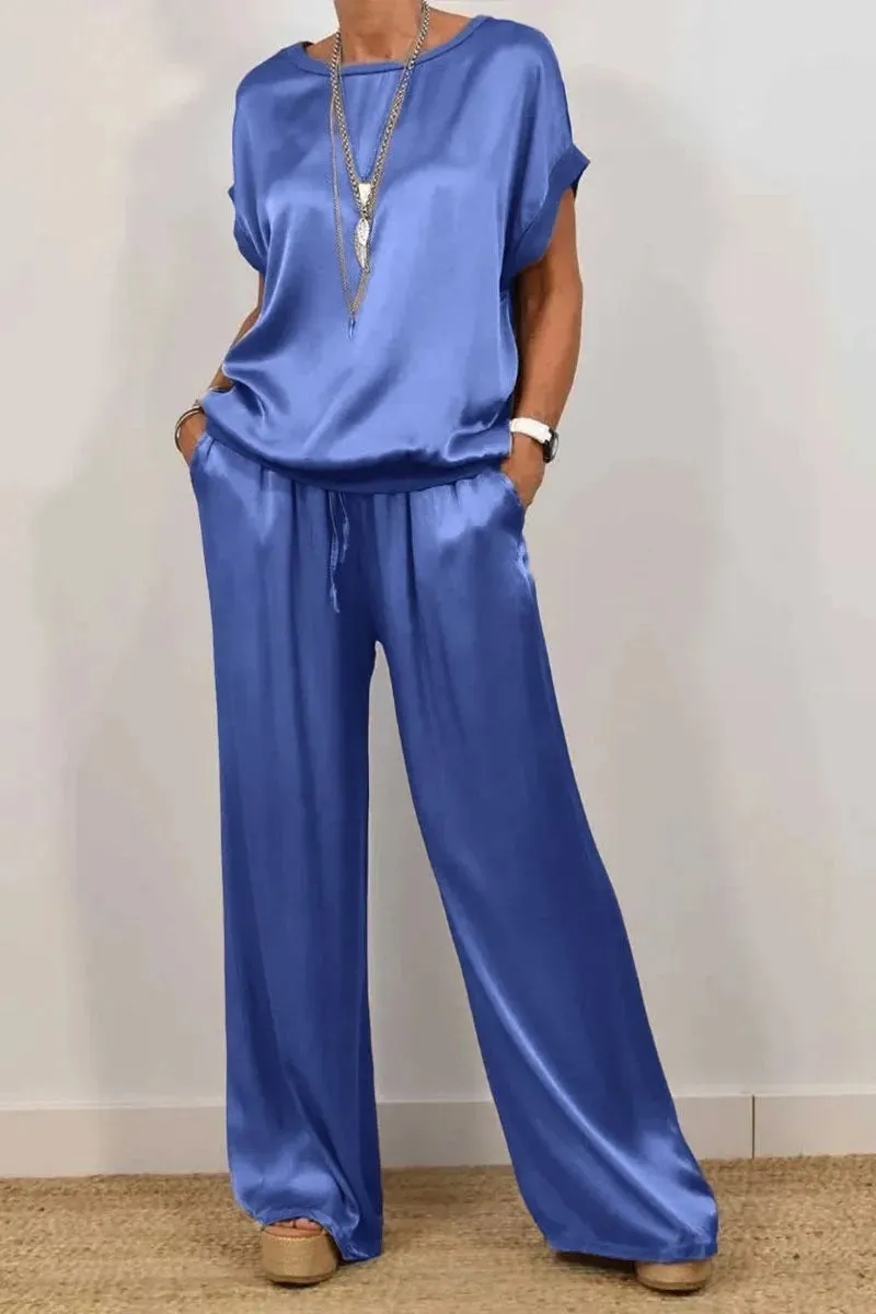 Trendy Loose Shirt Wide Leg Pants Casual Suit Women - Blue