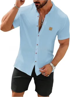 Fashion Summer Button Linen New Men's Shirt - Blue - View 1