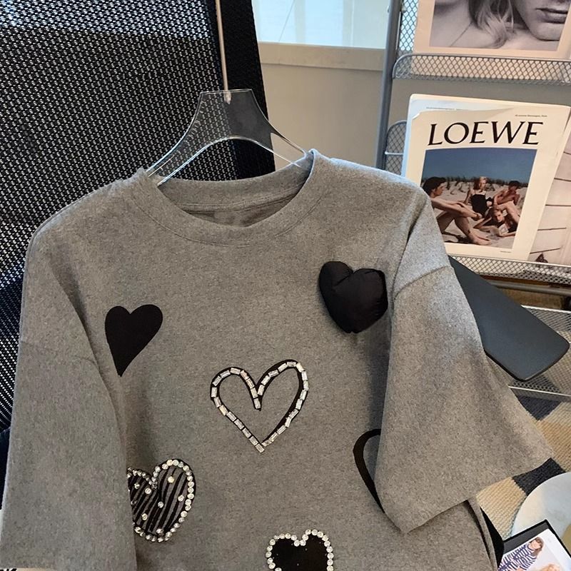 Fashion Gray Heart Shape With Diamond T-shirt For Women