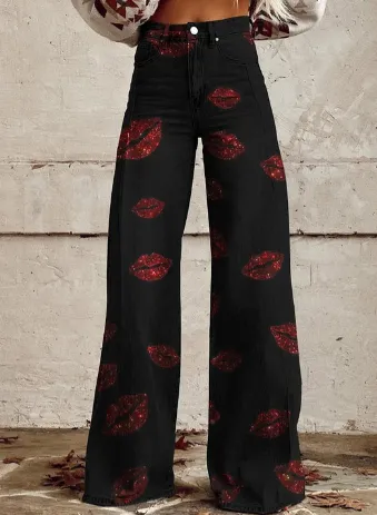 3D Thermal Transfer Bell-bottom Pants Simulation Denim Trousers - Z31-3Xl