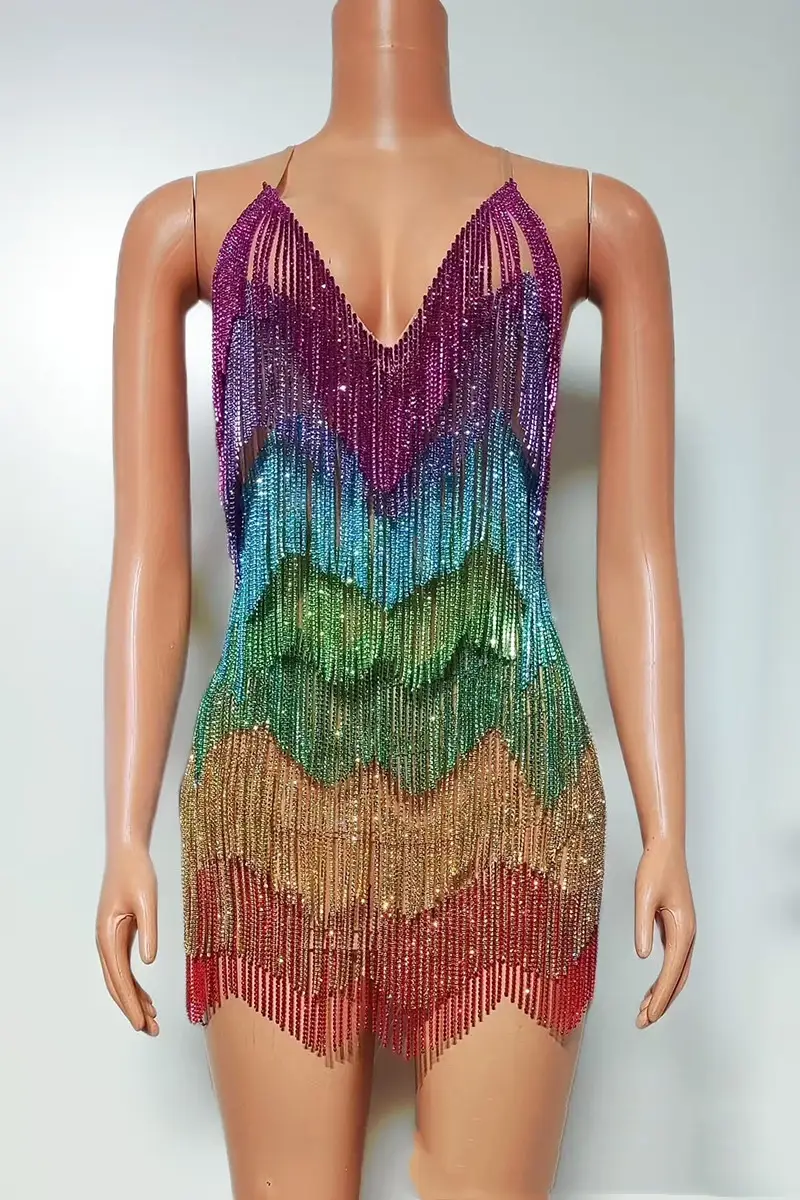 Sexy Deep V Rhinestone Tassel Bulk Evening Gown