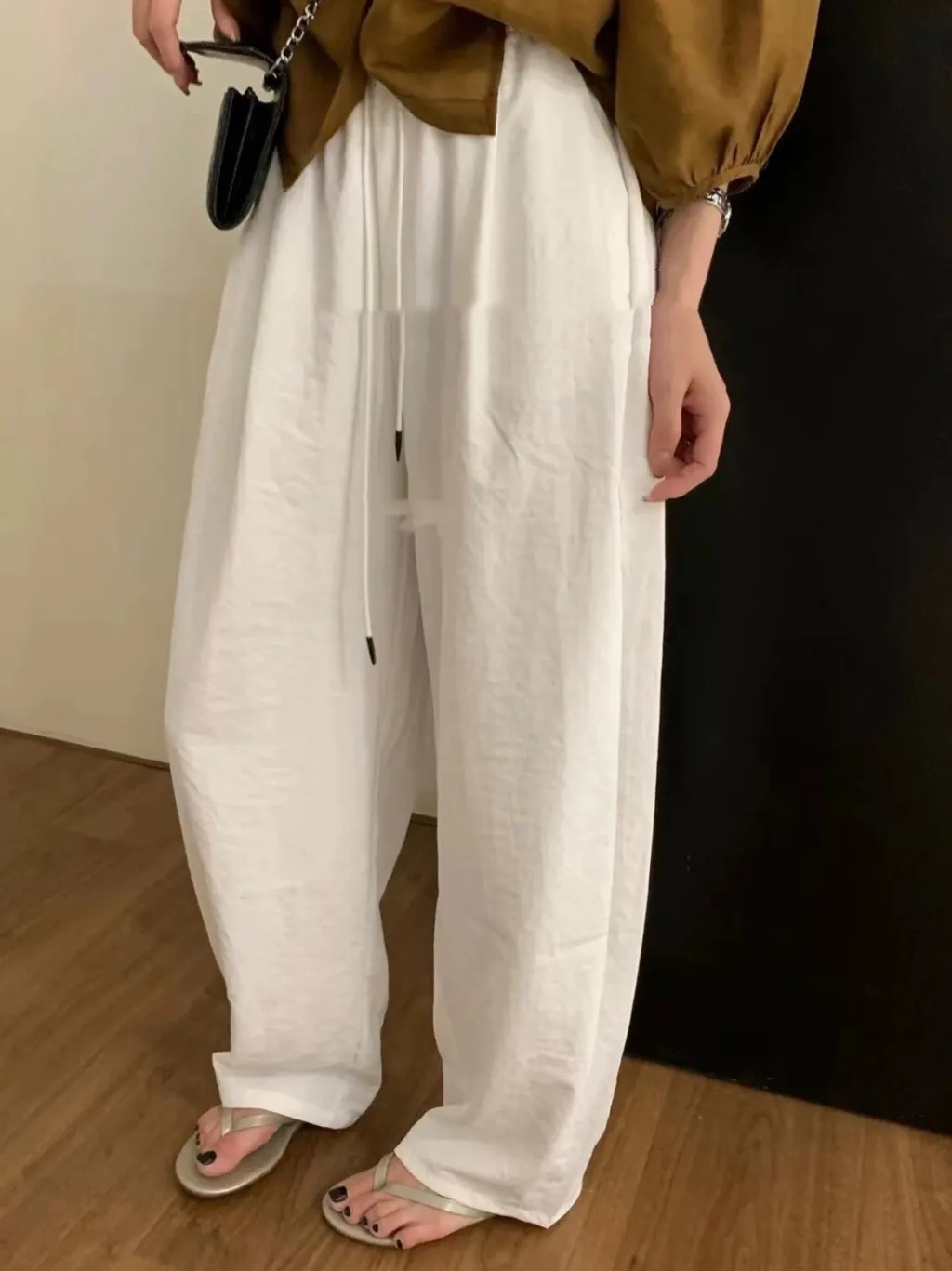 Summer High Waist Drawstring Loose Quick-dry Casual Matchet Pants - Tea White