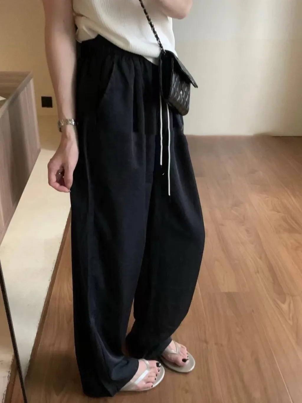 Summer High Waist Drawstring Loose Quick-dry Casual Matchet Pants - Black