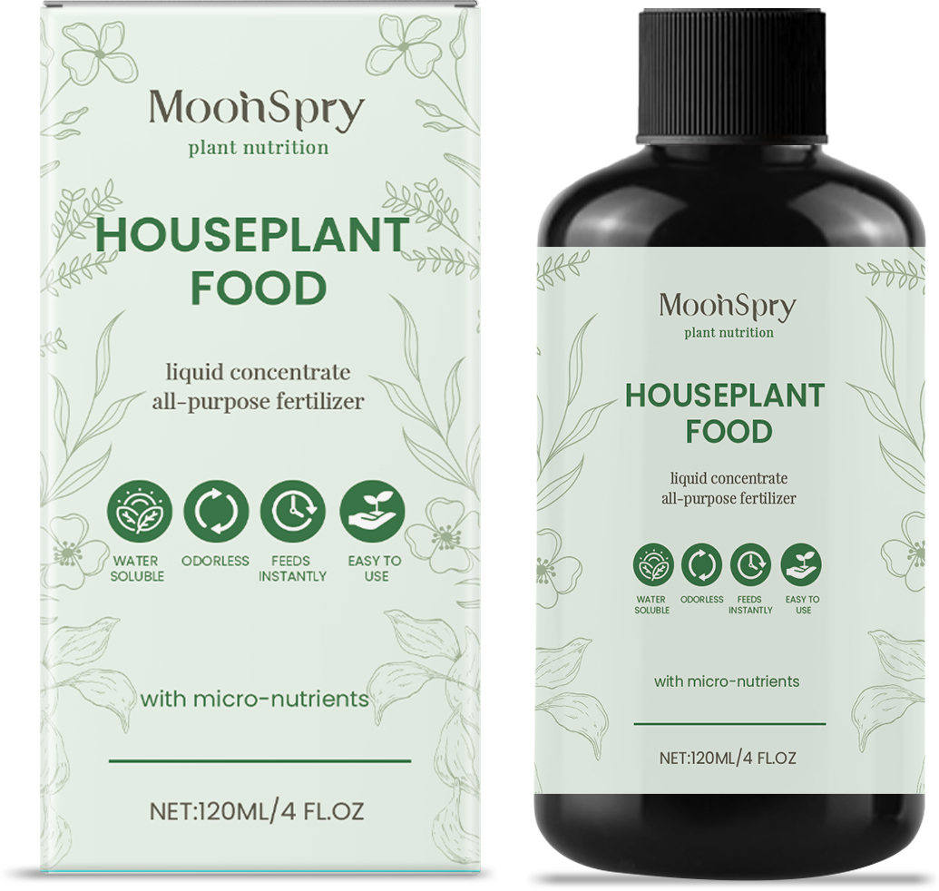 A MoonSpry houseplant food set featuring a cardboard product box and a clear glass bottle labeled “MoonSpry Plant Nutrition – All-Purpose Liquid Concentrate Solution Fertilizer.”