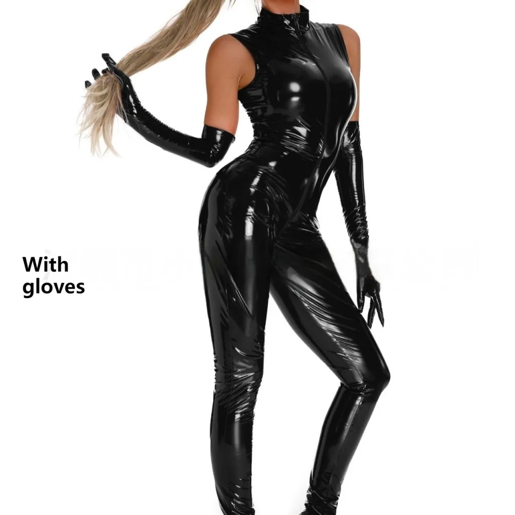 Shiny Patent Leather Mirror One-piece Leather Coat For Women - Black With Gloves