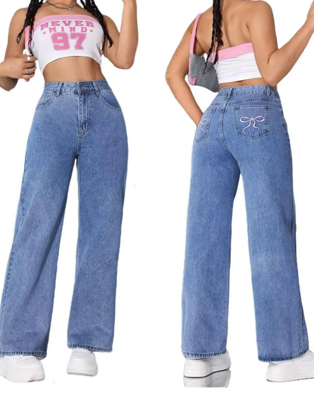 Vintage Bow Embroidered Washed Jeans For Women Straight Loose Trousers - Medium Blue