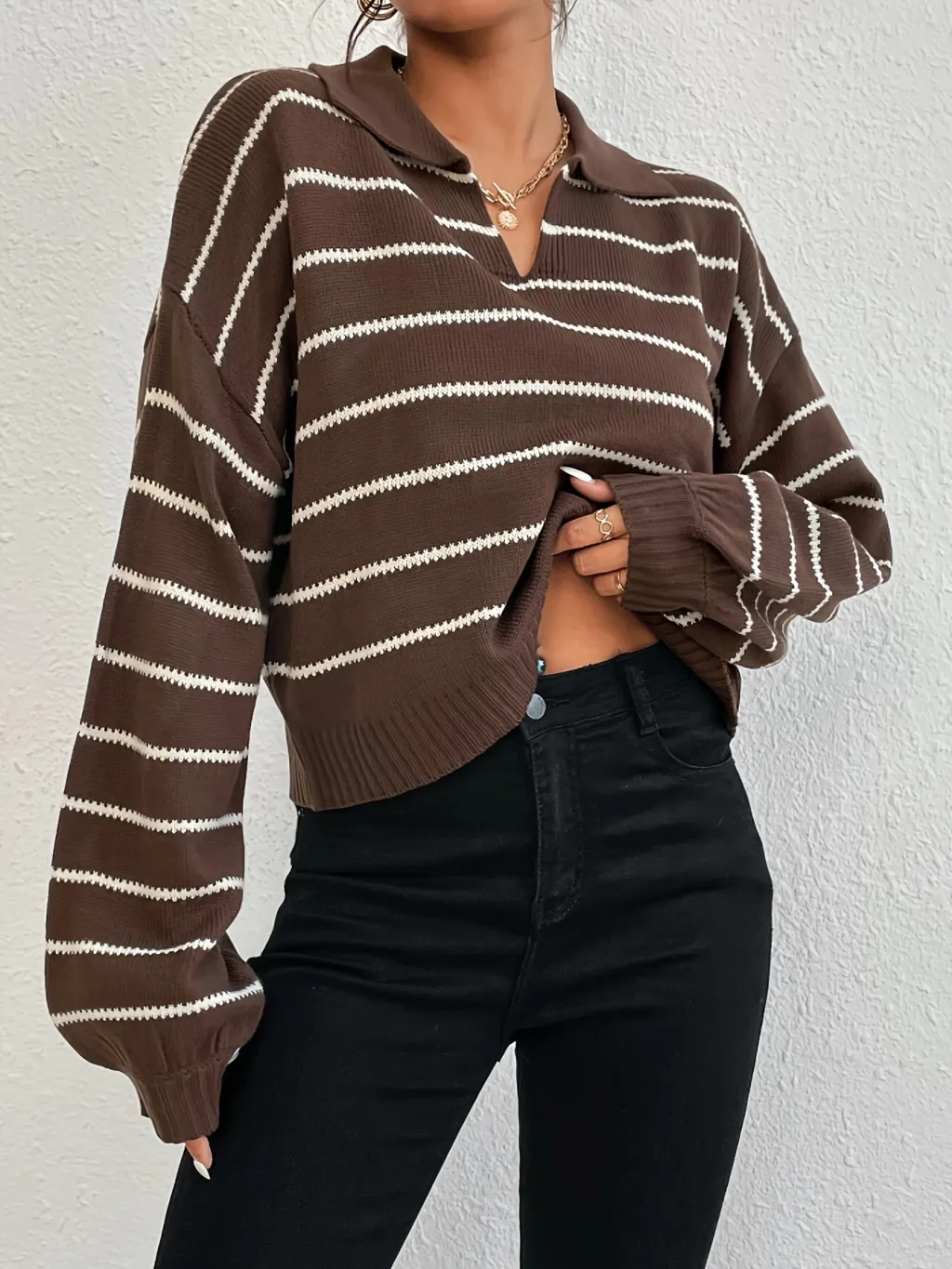 Winter Loose All-matching Striped Lapel Knitted Pullover Sweater - Brown