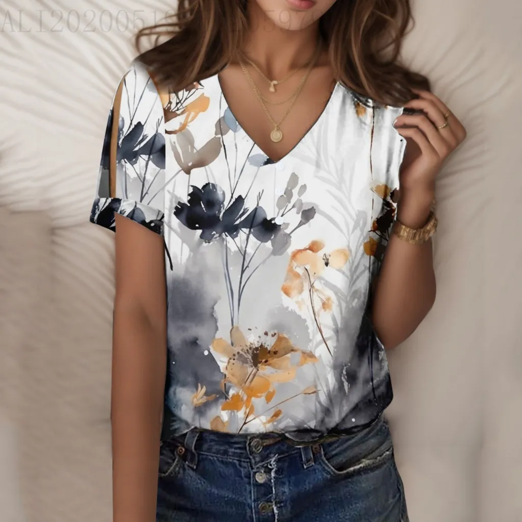 Ladies' Off Shoulder Printed V-neck Short Sleeved Shirt - Bmjxtx189-Xl