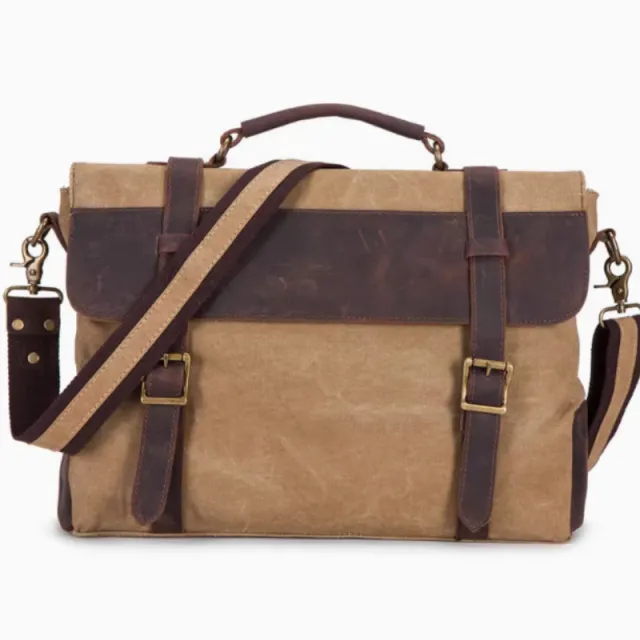 Tote Briefcase Messenger Bag With Crazy Horse Cowhide Vintage Khaki - Shop at LoveMi