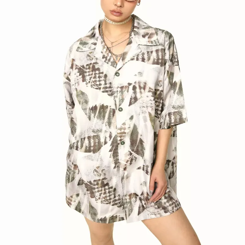 Retro Lapels Graffiti Short-sleeved Shirt Women's Summer Loose Casual - Picture Colour-Xl