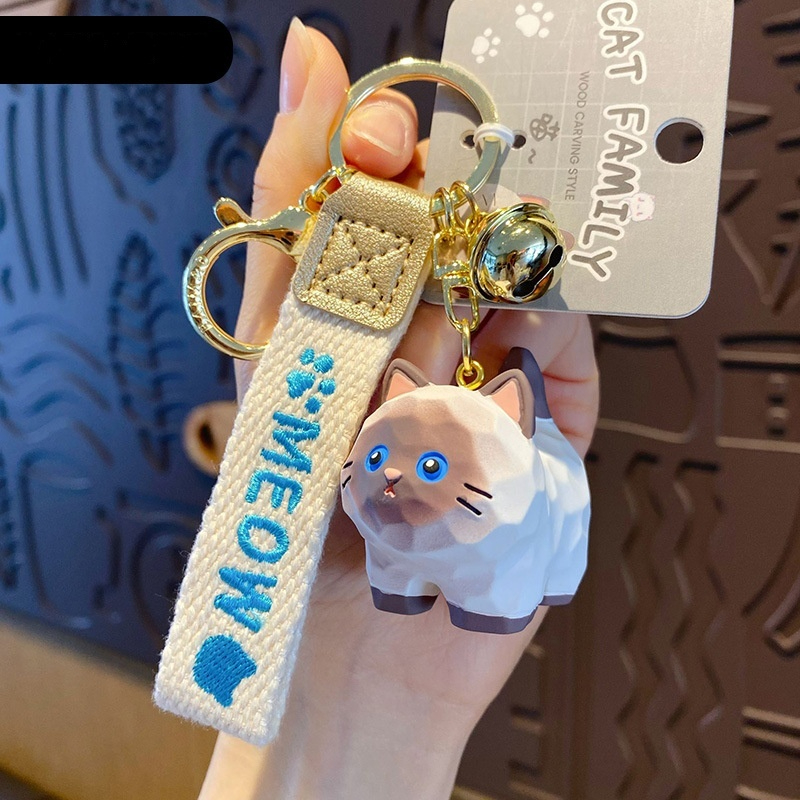 Cute Creative Resin Wood Carving Cat Standing Keychain