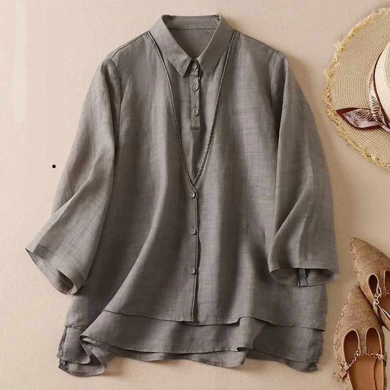 Women's Artistic Retro Fake Two-piece Cotton And Linen Half Sleeves Shirt - Gray