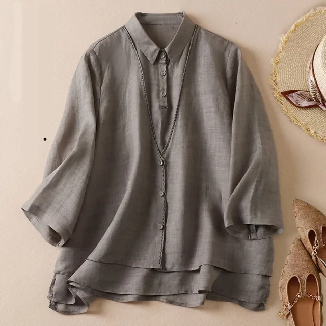 Women's Artistic Retro Fake Two piece Cotton And Linen Half Sleeves Shirt Gray - Shop at LoveMi