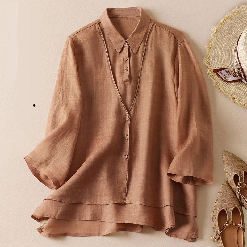 Women's Artistic Retro Fake Two-piece Cotton And Linen Half Sleeves Shirt - Orange