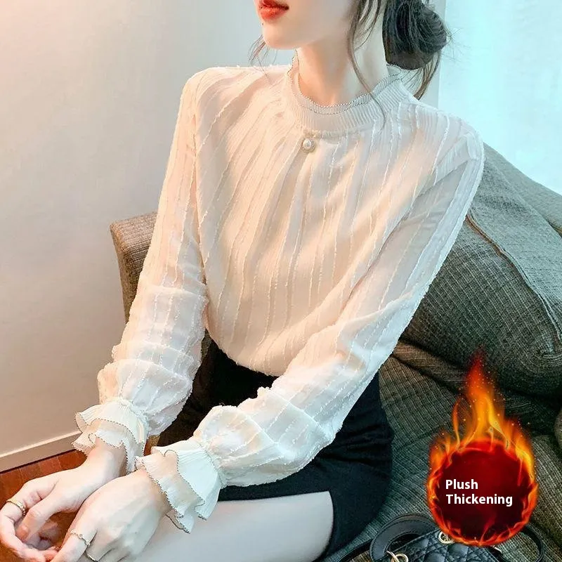 Fleece-lined Thick Lace Bottoming Shirt For Women Autumn Winter Coat Small Shirt Western Style Fashionable Chiffon Shirt