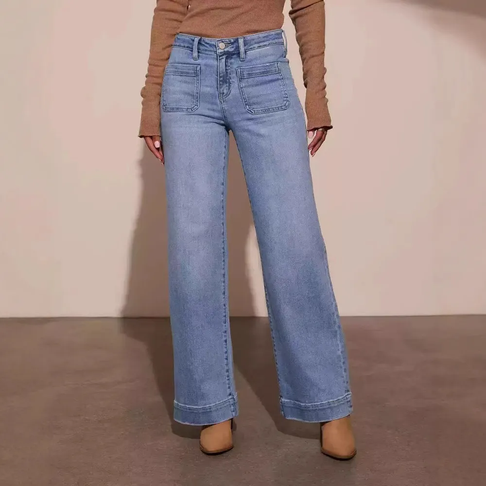 Cropped Style Wide Leg Women's Clothing Oversized Jeans, Shade Blue - Light Blue - View 1