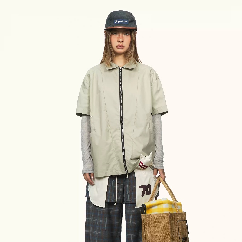 Retro Lapels Zipper Short Sleeve Shirt Female Summer New Loose