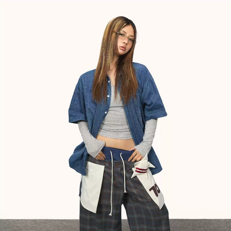 Retro Gradient Short-sleeved Shirt Women's Summer Vertical Pattern High-grade Lapel Loose