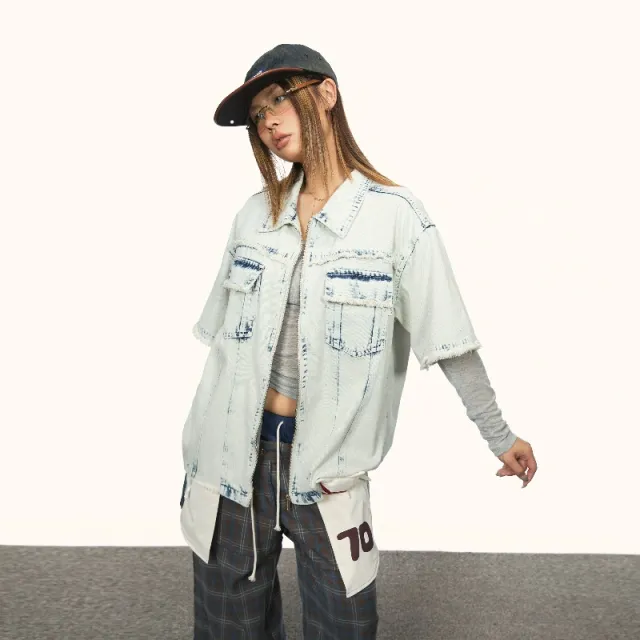 Women's Retro Washed Denim Frayed Short sleeved Shirt Light Blue - Shop at LoveMi