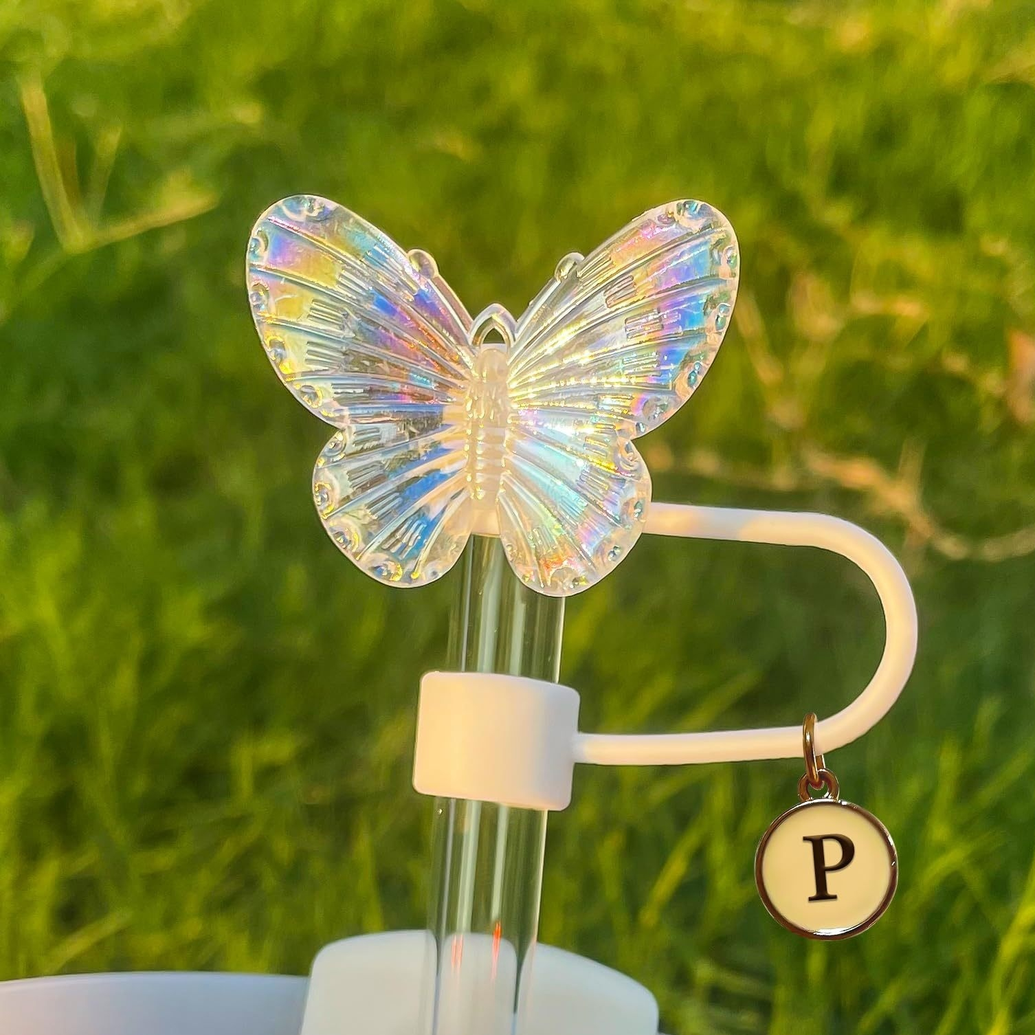 Colorful Butterfly Straw Plug Dust Protection Cap Initial Letter Acrylic Cup Decoration Supplies