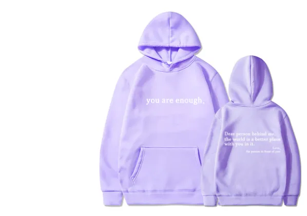 Fleece-lined Plain Letter Print Pocket Drawstring Print Hoodie - Purple