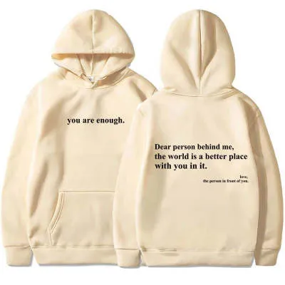 Fleece-lined Plain Letter Print Pocket Drawstring Print Hoodie - Beige1