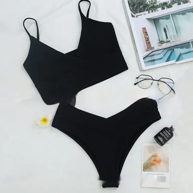 Split Seaside Vacation Pure Color Bikini Swimsuit Black - Shop at LoveMi