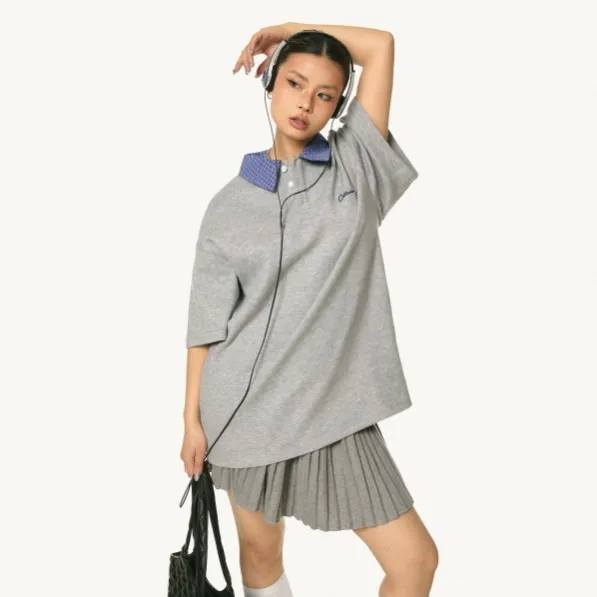 Heavy Design Embroidered Short Sleeve Retro Casual Loose Gray - Shop at LoveMi