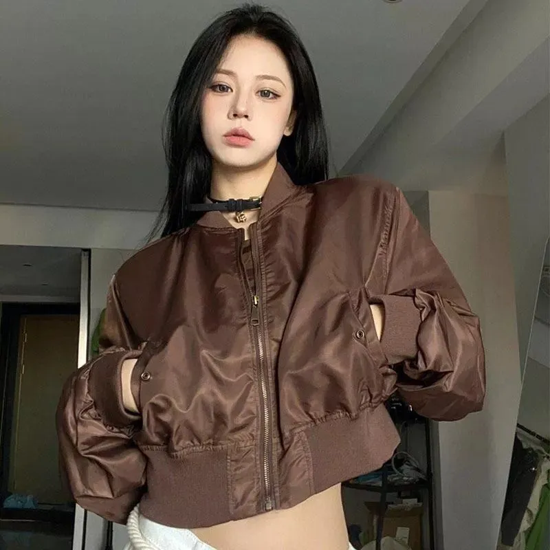 Short Baseball Jacket For Women In Spring And Autumn - Brown