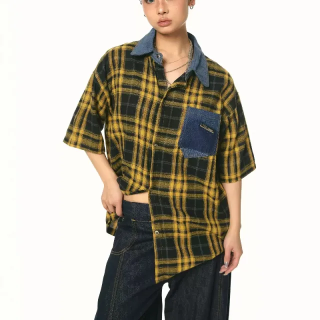 Plaid Color Contrast Patchwork Niche Short sleeved Shirt Summer Retro Yellow - Shop at LoveMi