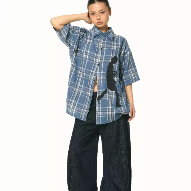 New Blue Color Plaid Loose Short Sleeve Shirt Blue - Shop at LoveMi