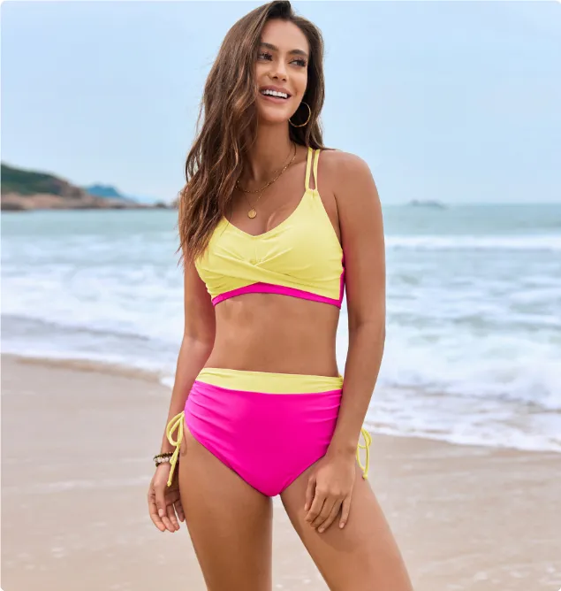 Female Creative Split Bikini Cross Strap Swimsuit Pink Yellow - Shop at LoveMi