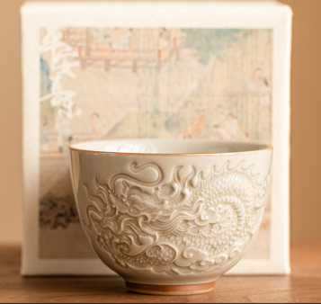 Sealed Glazed Embossed Dragon Patterned Tea Cup