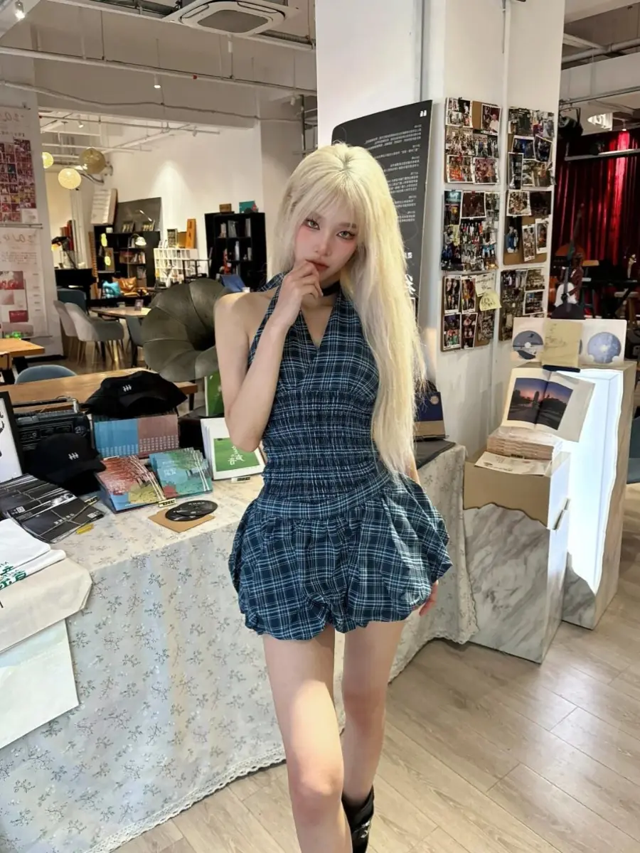 Navy Blue Plaid Top Suit Women