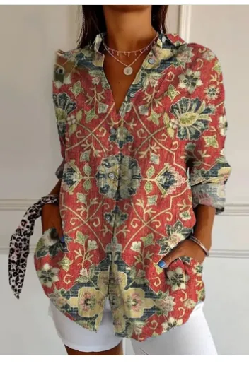 Women's Color Matching Casual Loose Button Digital Printing Shirt - Yo5460Rd-2Xl