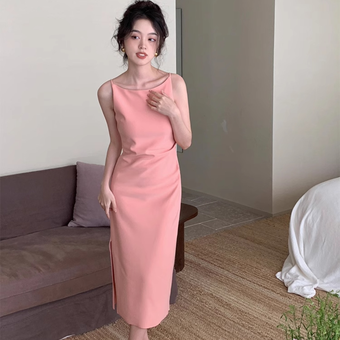 Off-neck Tight Waist Slit Female Slimming Slip Dress
