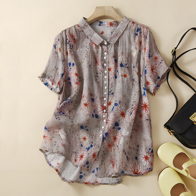Lady Literature Ramie Short Sleeve Printed Shirt Top Chrysanthemum - Shop at LoveMi