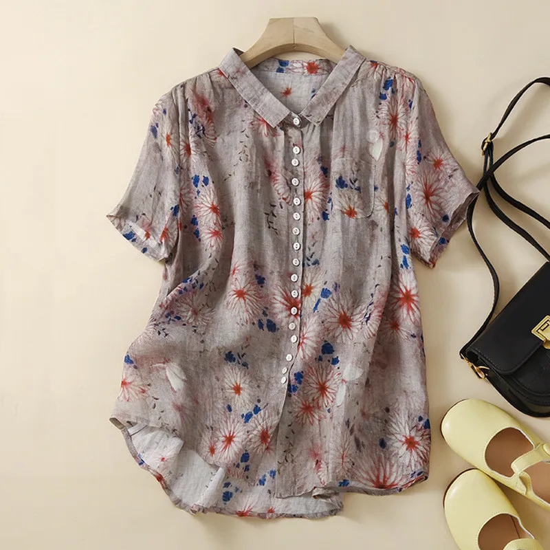 Lady Literature Ramie Short Sleeve Printed Shirt Top - Chrysanthemum