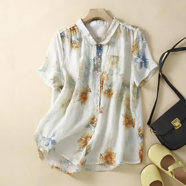 Lady Literature Ramie Short Sleeve Printed Shirt Top Sunflower - Shop at LoveMi