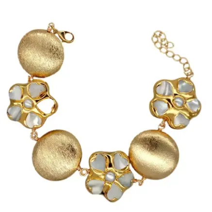 27mm White Bells Of Ireland Brushed Gold Plated Coin Beads Winding Bracelet 8 Inch Gold - Shop at LoveMi