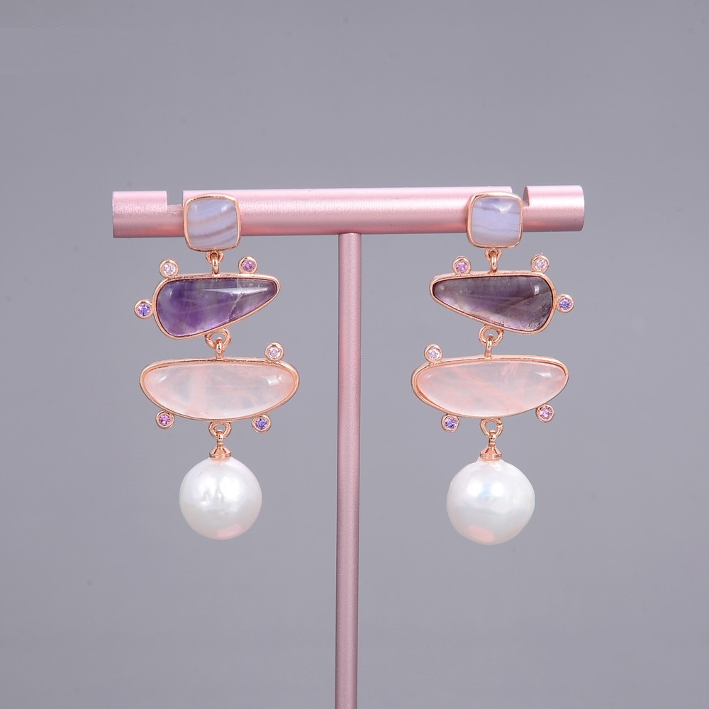 Women's Small Pendant Earrings White Pearl Blue Chalcedony Rose Quartz Amethyst