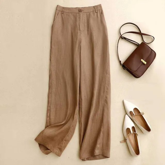 Women's High end Cotton And Linen Wide leg Pants Khaki - Shop at LoveMi