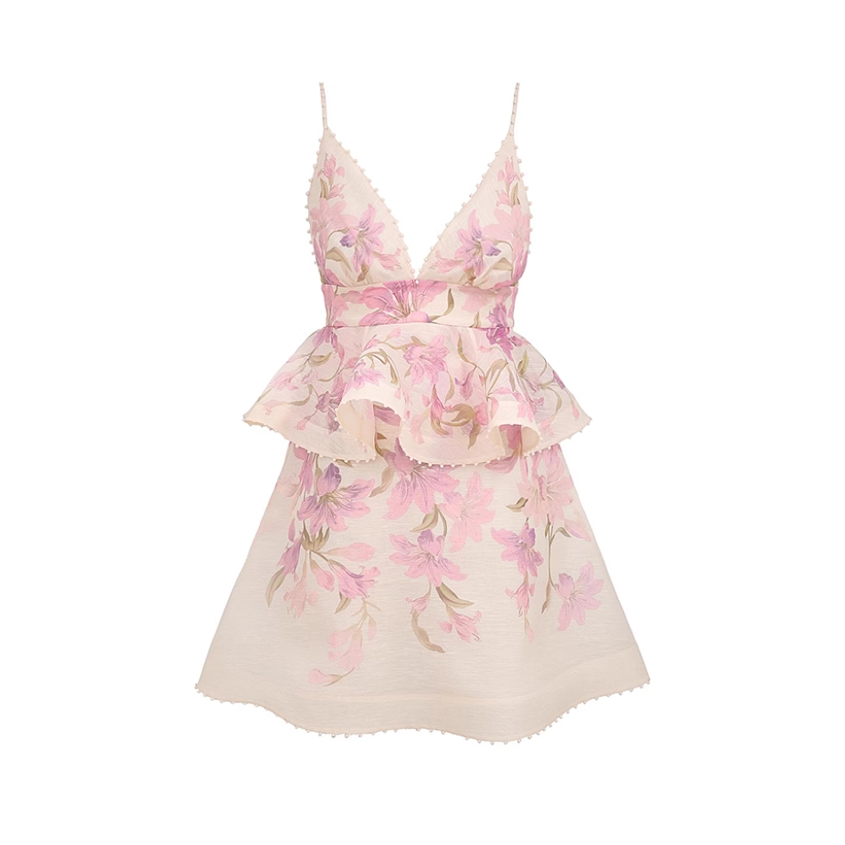 Floral Strap Women's Slimming Cinched Short Dress