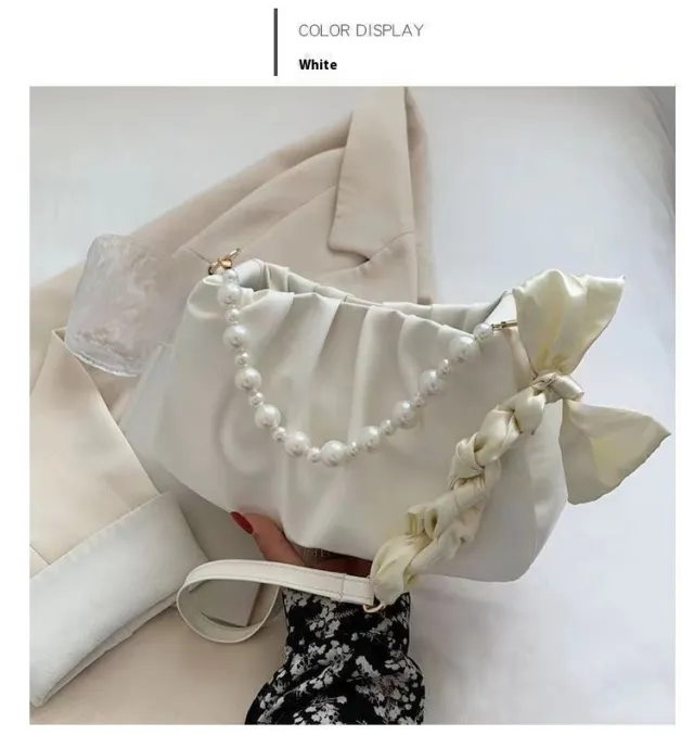 New Summer High grade Pearl Pleated Cloud Shoulder Handbag White - Shop at LoveMi