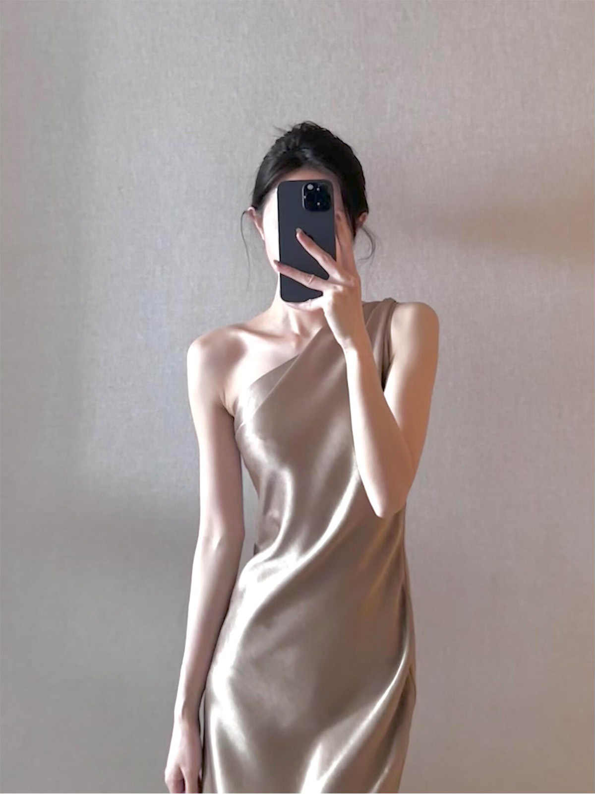 Champagne Acetate Satin Shoulder Bevel Strap Dress